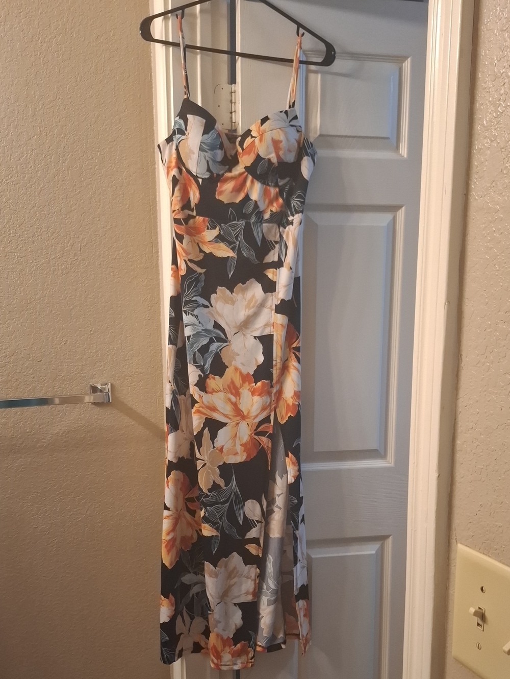 Floral Spaghetti-Strap Maxi Dress in Black, Orange and Cream